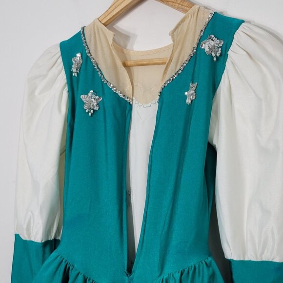 Figure Ice Skating Girl Costumes Emerald Green White Silver Sequin Long Sleeve - Picture 8 of 11